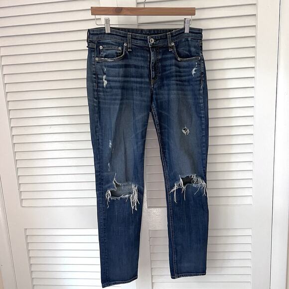 Rag & Bone Women’s Dre Slim Boyfriend Jeans Size 27 Distressed Ripped Knees Blue - Picture 1 of 12